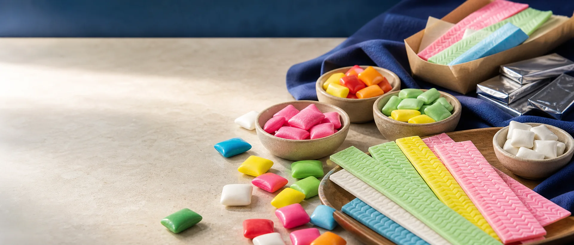 Colorful chicklets and chewing gum strips arranged on a clean counter