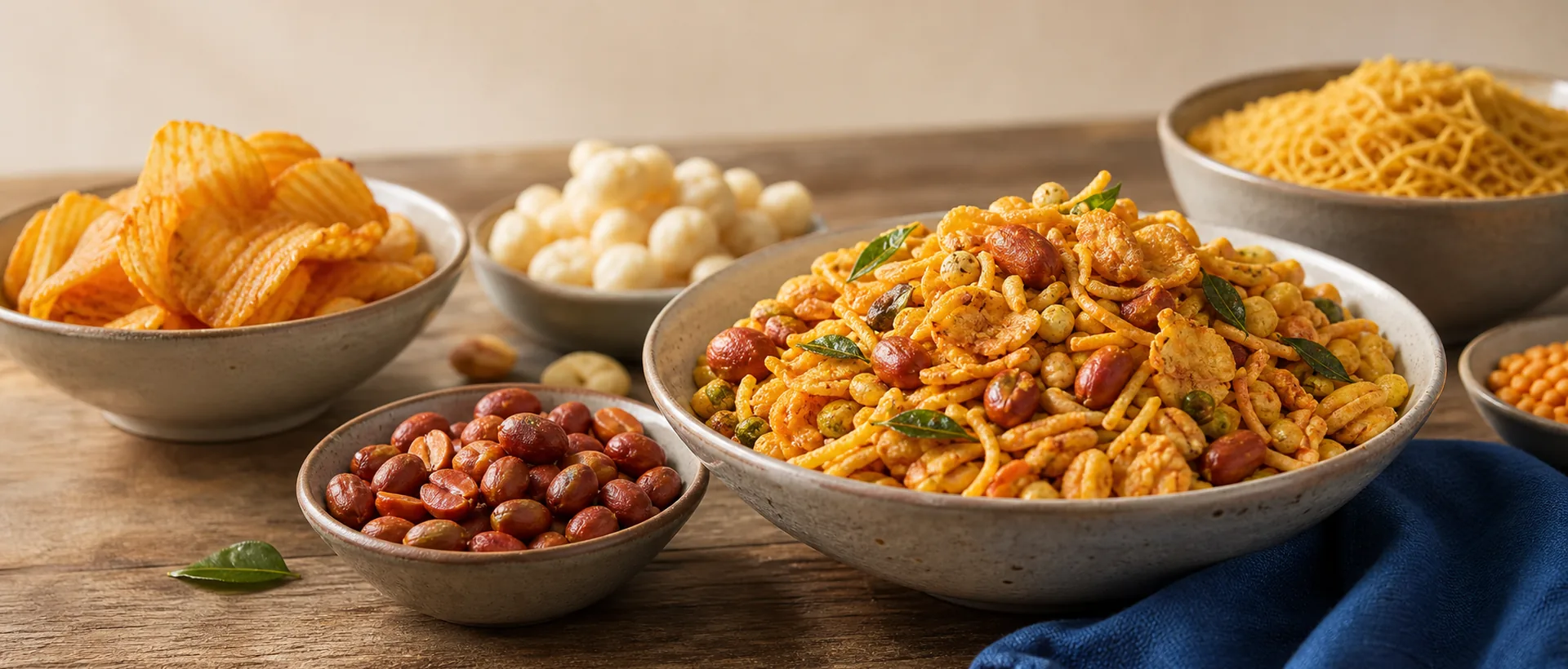Close-up of crunchy snack bowls with peanuts and crisp savory mixes